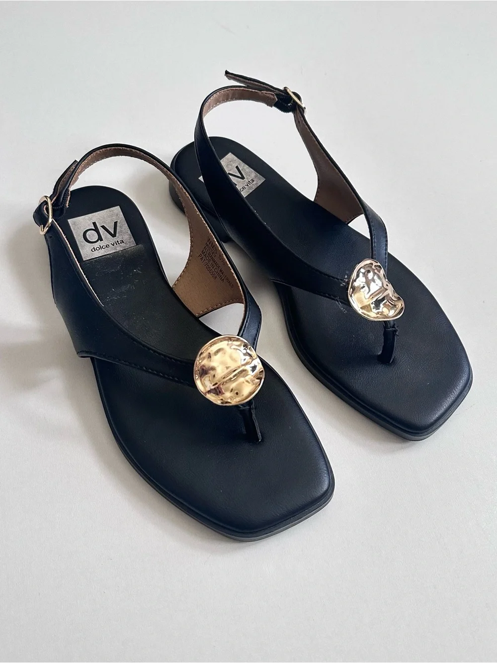 Dolce Vita Mistey Black Sandals Gold Medallion Size 5.5